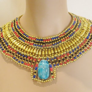 Ancient Egyptian Beaded Cleopatra Large Scarabs Necklace Collar image 1
