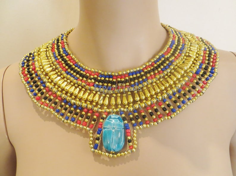 Ancient Egyptian Beaded Cleopatra Large Scarabs Necklace Collar image 1