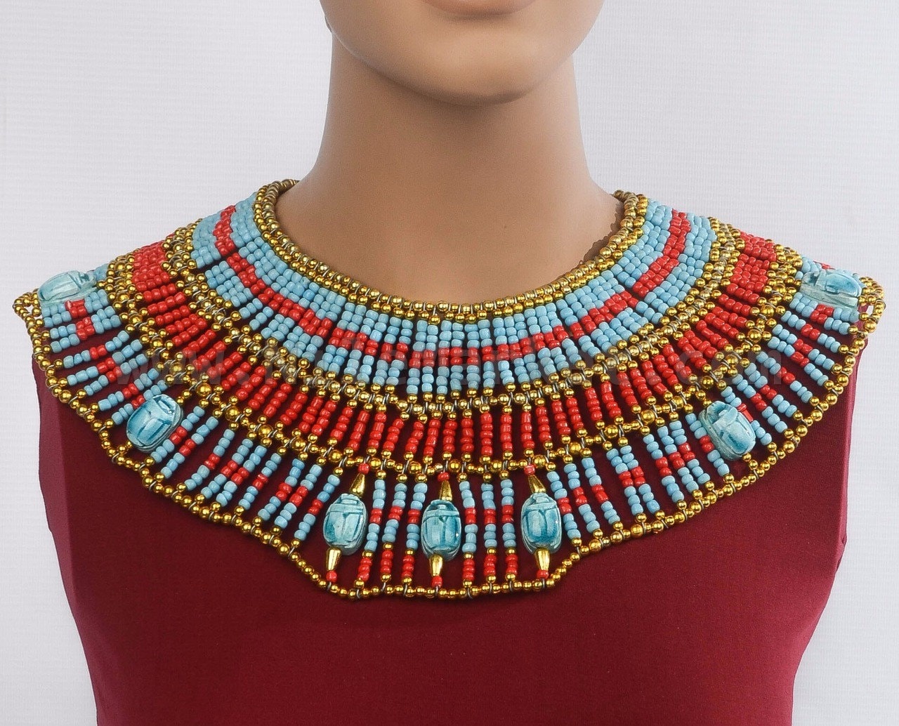 V Large Egyptian Beaded Cleopatra Necklace Collar With Scarabs