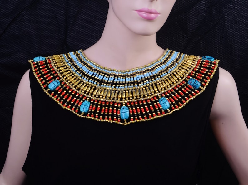 Lovely Ancient Egyptian Beaded Cleopatra 9 Scarabs Necklace Collar image 2