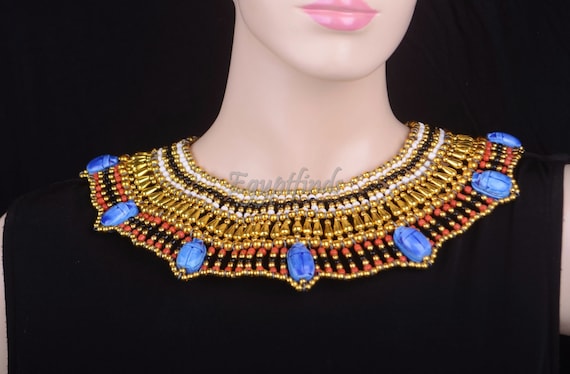 Egyptian Beaded Cleopatra 7 Scarabs Necklace Collar