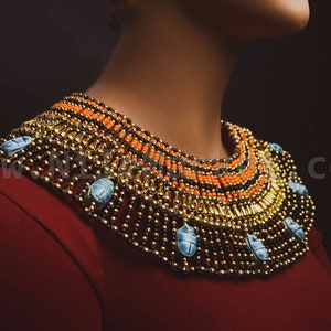 Large Egyptian Beaded Cleopatra Necklace Collar With 9 Scarabs