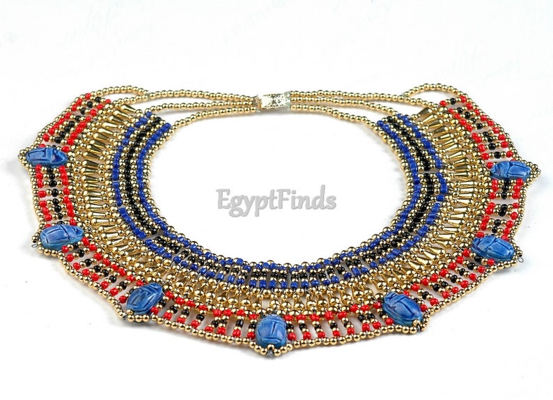 Superb Egyptian Beaded Cleopatra 7 Scarabs Necklace Collar