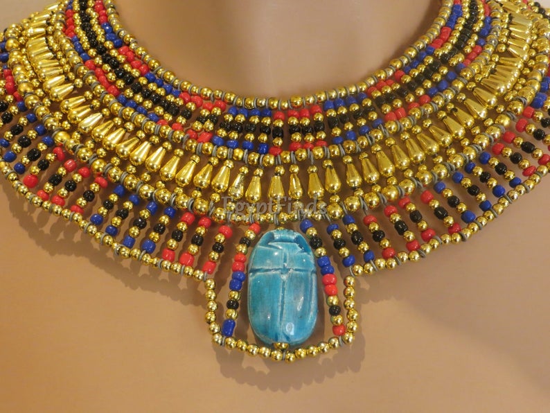 Ancient Egyptian Beaded Cleopatra Large Scarabs Necklace Collar image 4