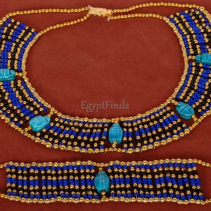 Wonderful Egyptian Beaded 5 Scarabs Cleopatra Scarab Necklace Collar & Bracelet