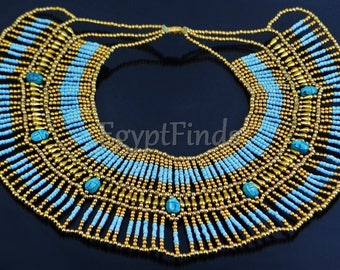 Large Egyptian Beaded Cleopatra Necklace Collar With 9 Scarabs