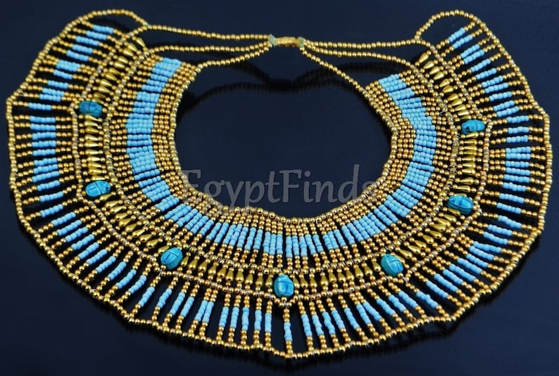 Large Egyptian Beaded Cleopatra Necklace Collar With 9 Scarabs