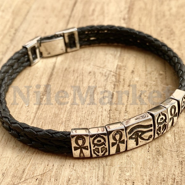 Égyptien personnalisé personnalisé en argent sterling ankh scarabée oeil de bracelet en cuir d'horus Cadeau pour ses cadeaux pour lui, bijoux pour hommes