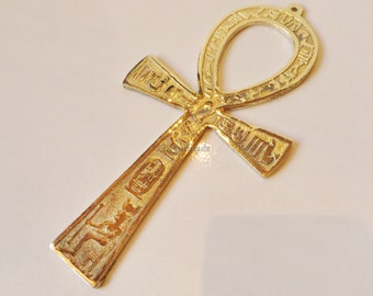 Egyptian Solid Brass Ankh " Life key " 4" Engraved Hieroglyphics Charm Pendant