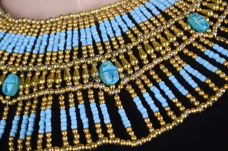 Large Egyptian Beaded Cleopatra Necklace Collar With 9 Scarabs