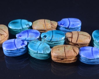 12 Egyptian Mixed Ceramic Hand Made Carved Luck Scarabs With Hieroglyphic