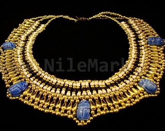Amazing Egyptian White Queen Cleopatra 5 Scarabs Necklace scarab Collar Egyptian Jewelry beaded Collar Khepri Necklace Khepri