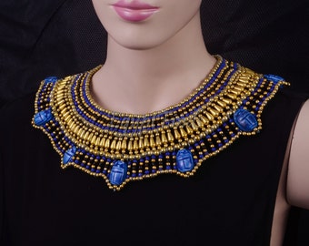 Stunning Ancient Egyptian Beaded Cleopatra 7 Scarabs Necklace Collar