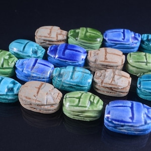 20 Egyptian Mixed Hand Made Carved Luck Scarabs With Hieroglyphic