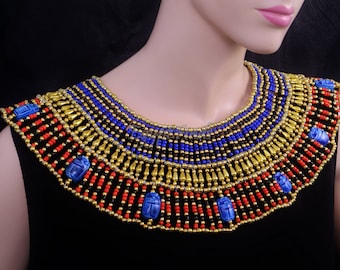 Large Egyptian Beaded Cleopatra Necklace Collar With 9 Scarabs