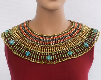 Large Egyptian Beaded Cleopatra Necklace Collar With 9 Scarabs