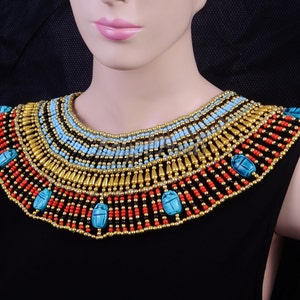 Lovely Ancient Egyptian Beaded Cleopatra 9 Scarabs Necklace Collar image 1