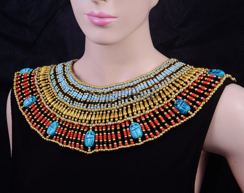 Lovely Ancient Egyptian Beaded Cleopatra 9 Scarabs Necklace Collar image 1