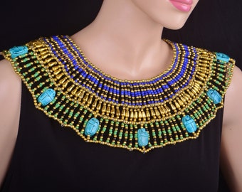 Lovely Egyptian Beaded Cleopatra 9 Scarabs Necklace Collar