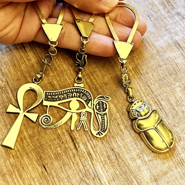 Lot Of 3 Egyptian Brass Ankh Key of Life Keychain - Scarab Keychain - Eye Of Horus Keychain -  Life Key Keyring- Eye Of Horus Keyring