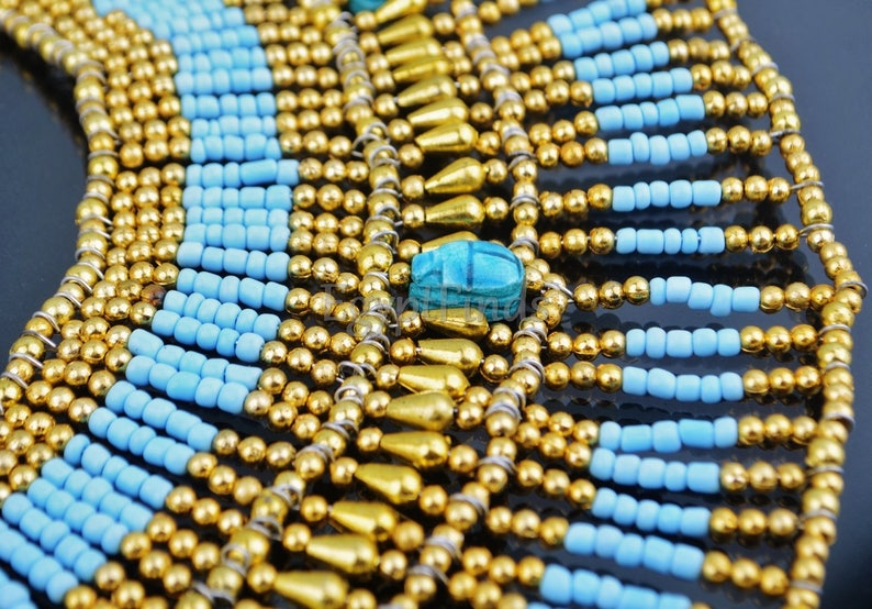 Large Egyptian Beaded Cleopatra Necklace Collar With 9 Scarabs