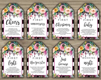 Black & White - Floral - Milestone Wine Tags - Bridal Shower Gift Basket Tags - First Year Milestone - INSTANT DOWNLOAD - PRINTABLE - L11
