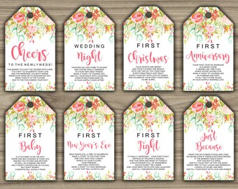 Milestone Wine Tags - Pink - Floral - Bridal Shower - Gift Basket Tags - First Year Milestones - INSTANT DOWNLOAD - PRINTABLE - G006