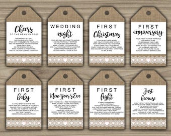 Burlap and Lace - Milestone Wine Tags - Bridal Shower Gift Basket Tags - First Year Milestone - INSTANT DOWNLOAD - PRINTABLE - Firsts - L46
