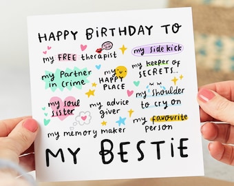 My Bestie Birthday Card - My Sidekick, My Happy Place, My Partner In Crime, My Soul Sister, Funny Birthday Card - Personalised Card