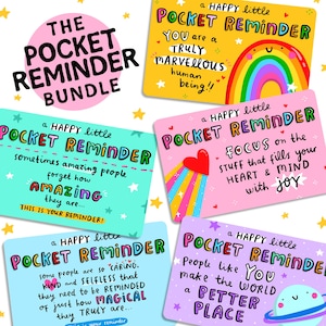 May include: A Pocket Reminder Bundle featuring six cards with uplifting messages. The cards are brightly coloured, with designs including rainbows, hearts, and stars. Phrases include "You are a truly marvellous human being!" and "Focus on the stuff that fills your heart & mind with joy."
