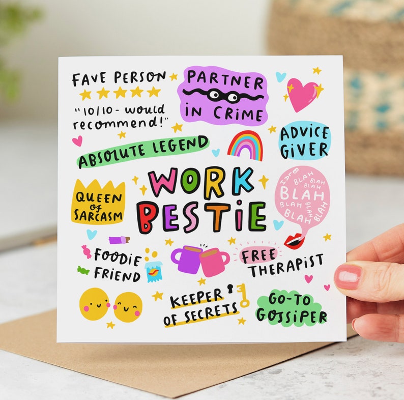 May include: A white card with colorful illustrations and text. The text reads "Fave Person", "Partner in Crime", "Absolute Legend", "Queen of Sarcasm", "Work Bestie", "Foodie Friend", "Keeper of Secrets", "Advice Giver", "Free Therapist", "Go-to Gossiper".