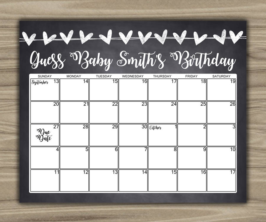 Custom Chalkboard Style Baby Shower Due Date Calendar