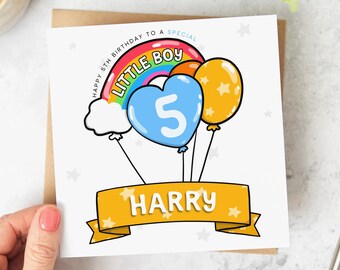 Personalised 5th Birthday Card, To a Special Little Boy, Birthday Balloons, Custom Name Card, Five Years Old