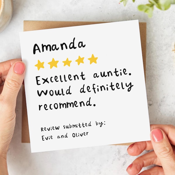 Personalised Card for Auntie, Funny Birthday Card, 5 Star Review, Excellent Auntie