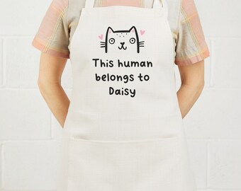 Personalised Apron - This Human Belongs To - Cat Owner Apron - Funny Gift, From The Cat, Birthday Gift, Christmas Gift