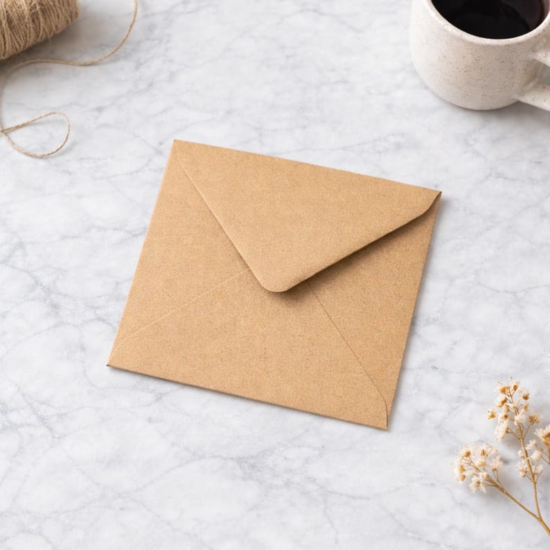 May include: A square, brown kraft paper envelope with a triangular flap is centered on a marble surface. A spool of twine and a mug of coffee are in the background. Dried flowers are in the lower right corner.