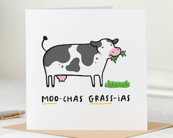 Moo-chas Grass-ias - Funny Thank You Card - Muchas Gracias - Personalised Card