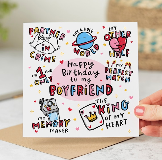 My Boyfriend Birthday Card, The King of My Heart, My Partner in Crime, My One and Only, Romantic Birthday Card - Personalised Card