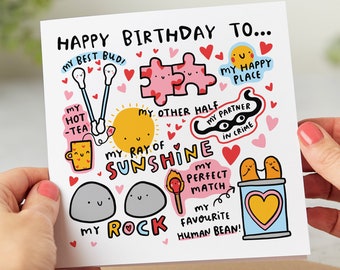 Romantic Birthday Card, Happy Birthday to My, Rock, My Partner in Crime, My Ray of Sunshine, My Happy Place, My Favourite Human Bean®