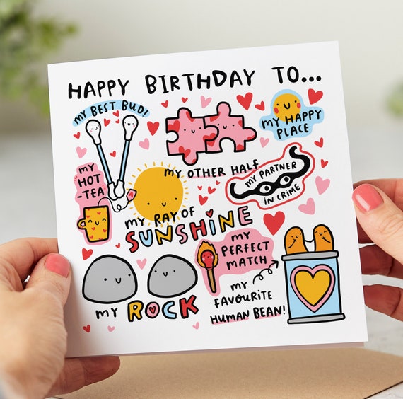 Romantic Birthday Card, Happy Birthday to My, Rock, My Partner in Crime, My Ray of Sunshine, My Happy Place, My Favourite Human Bean®