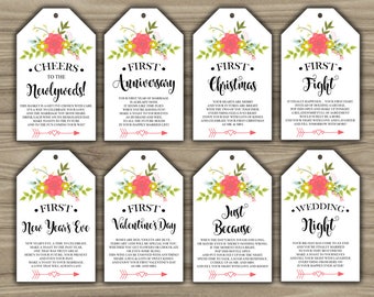 Milestone Wine Tags - Floral - Bridal Shower - Gift Basket Tags - First Year Milestones - INSTANT DOWNLOAD - Year Of Firsts PRINTABLE - L93