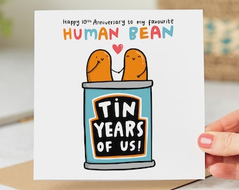 Funny 10th Anniversary Card, My Favourite Human Bean™ - Tin Years of Us, Tin Anniversary Card, Personalised Card