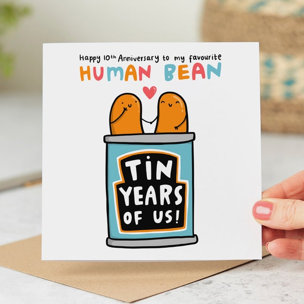 Funny 10th Anniversary Card, My Favourite Human Bean™ - Tin Years of Us, Tin Anniversary Card, Personalised Card