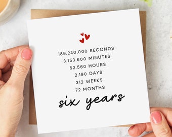Six Years Anniversary Countdown Card - 6th Anniversary Card - Wedding Anniversary Card - Personalised Card