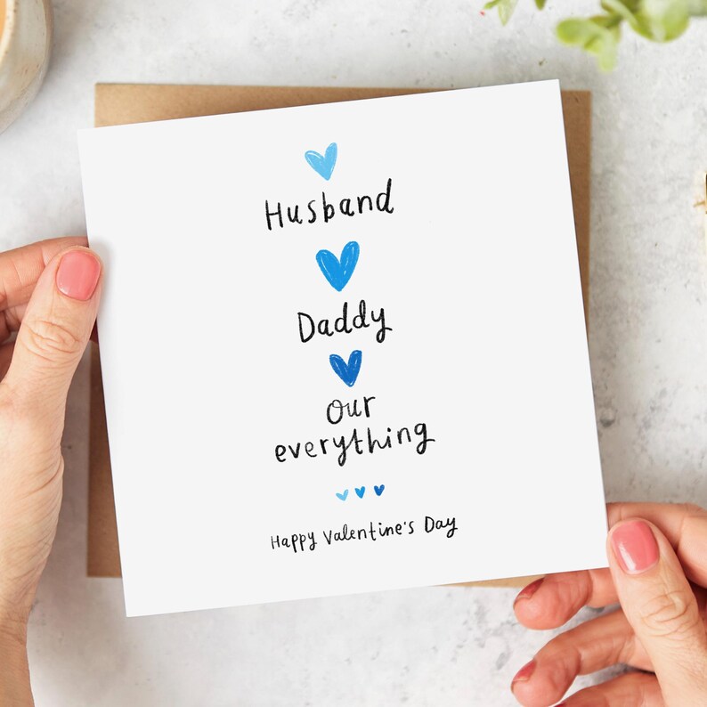 Valentine card for a husband and daddy with blue hearts.