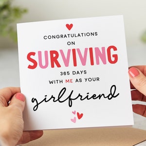Surviving 365 Days With Me As Your Girlfriend - Funny 1st Anniversary Card - Personalised Card