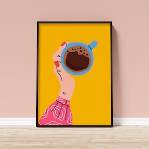 Coffee Cup Print -  Pink and Green - Kitchen Print, Gallery Wall Art, Hallway, Coffee Tea, Woman, Colourful
