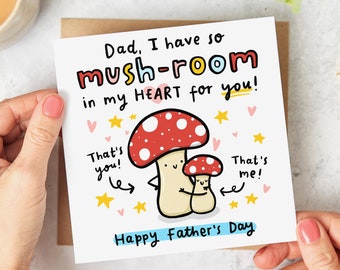 Puede incluir: Una tarjeta del Día del Padre con una ilustración de hongo. La tarjeta dice "Papá, tengo tanto espacio en mi CORAZÓN para ti!" y "Feliz Día del Padre".