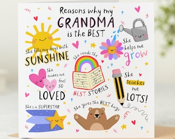 Reasons Why Grandma Is The Best - Grandma Birthday Card From Kids, Cute Gran Card