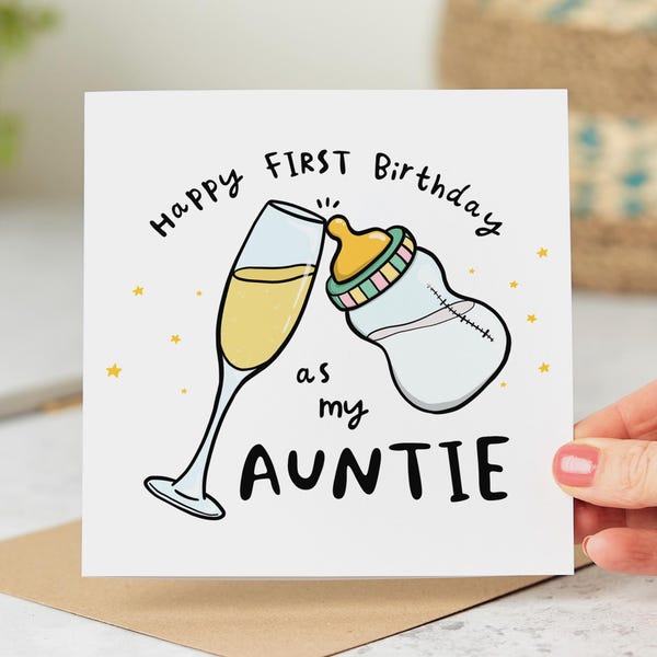 First Birthday as My Auntie, Cute and Funny Card for Auntie, Wine Glass and Baby Bottle, Personalised Card